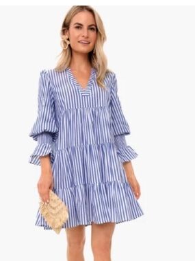 Tuckernuck Blue and White Striped Tiered Cotton Mini Dress